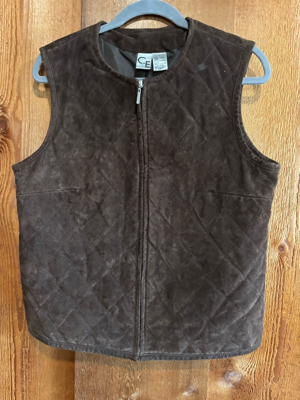 Vintage C&E Quilted Genuine Suede Leather Zip Front Vest Brown Size Large